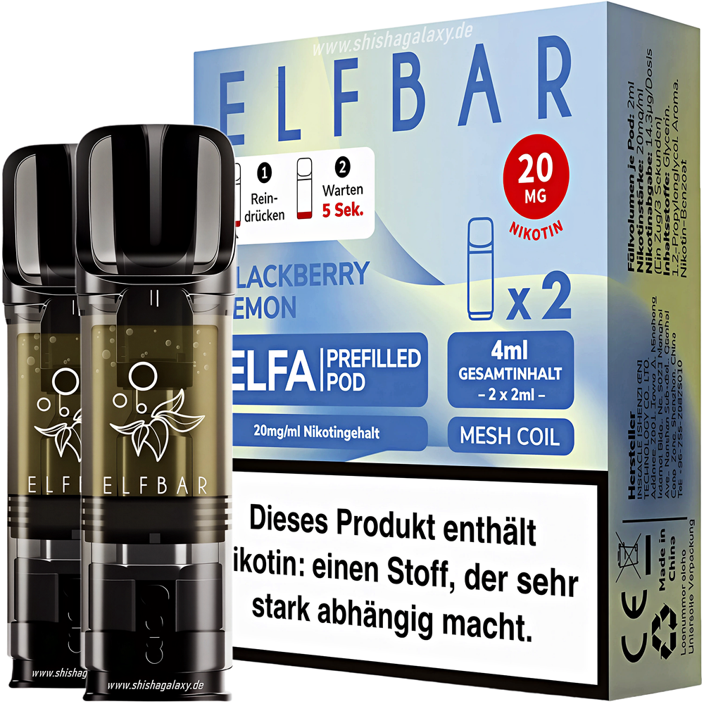 Elfbar Elfbar - ELFA - Blackberry Lemon - Liquid Pod - 2 ml - Nikotin 20 mg - 2er Pack (4ml) Elfbar Elfbar - ELFA - Blackberry Lemon - Liquid Pod - 2 ml - Nikotin 20 mg - 2er Pack (4ml)