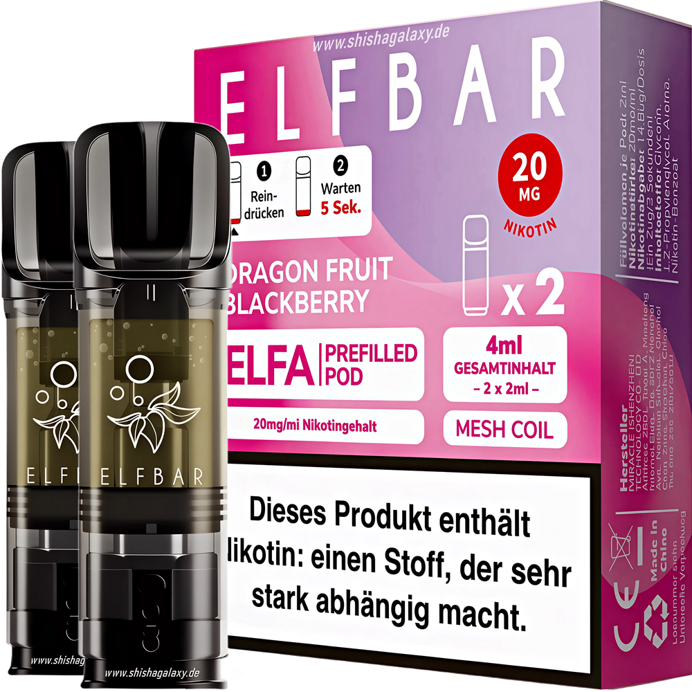 Elfbar Elfbar - ELFA - Dragon Fruit Blackberry - Liquid Pod - 2 ml - Nikotin 20 mg - 2er Pack (4ml) Elfbar Elfbar - ELFA - Dragon Fruit Blackberry - Liquid Pod - 2 ml - Nikotin 20 mg - 2er Pack (4ml)