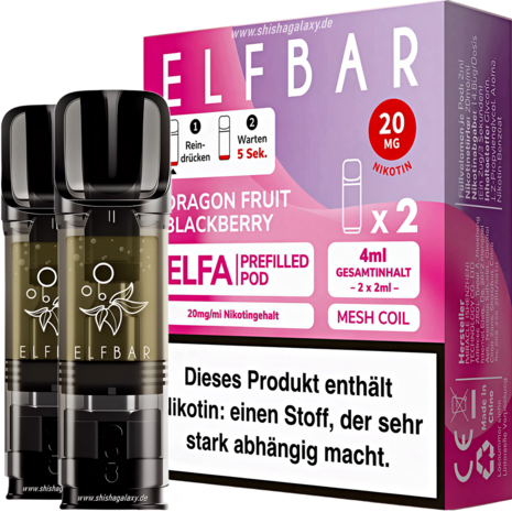 Elfbar Elfbar - ELFA - Dragon Fruit Blackberry - Liquid Pod - 2 ml - Nikotin 20 mg - 2er Pack (4ml) Elfbar Elfbar - ELFA - Dragon Fruit Blackberry - Liquid Pod - 2 ml - Nikotin 20 mg - 2er Pack (4ml)