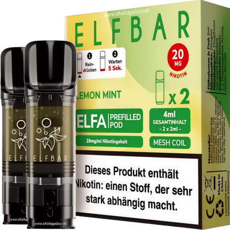 Elfbar Elfbar - ELFA - Lemon Mint - Liquid Pod - 2 ml - Nikotin 20 mg - 2er Pack (4ml) Elfbar Elfbar - ELFA - Lemon Mint - Liquid Pod - 2 ml - Nikotin 20 mg - 2er Pack (4ml)