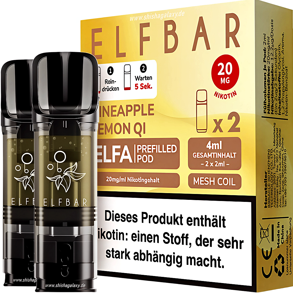Elfbar Elfbar - ELFA - Pineapple Lemon Qi - Liquid Pod - 2 ml - Nikotin 20 mg - 2er Pack (4ml)