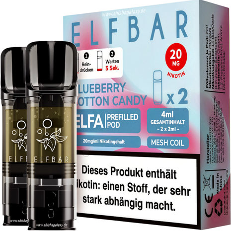 Elfbar Elfbar - ELFA - Blueberry Cotton Candy - Liquid Pod - 2 ml - Nikotin 20 mg - 2er Pack (4ml) Elfbar Elfbar - ELFA - Blueberry Cotton Candy - Liquid Pod - 2 ml - Nikotin 20 mg - 2er Pack (4ml)