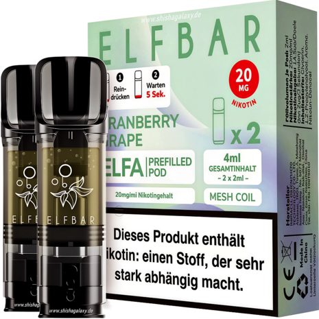 Elfbar Elfbar - ELFA - Cranberry Grape - Liquid Pod - 2 ml - Nikotin 20 mg - 2er Pack (4ml) Elfbar Elfbar - ELFA - Cranberry Grape - Liquid Pod - 2 ml - Nikotin 20 mg - 2er Pack (4ml)