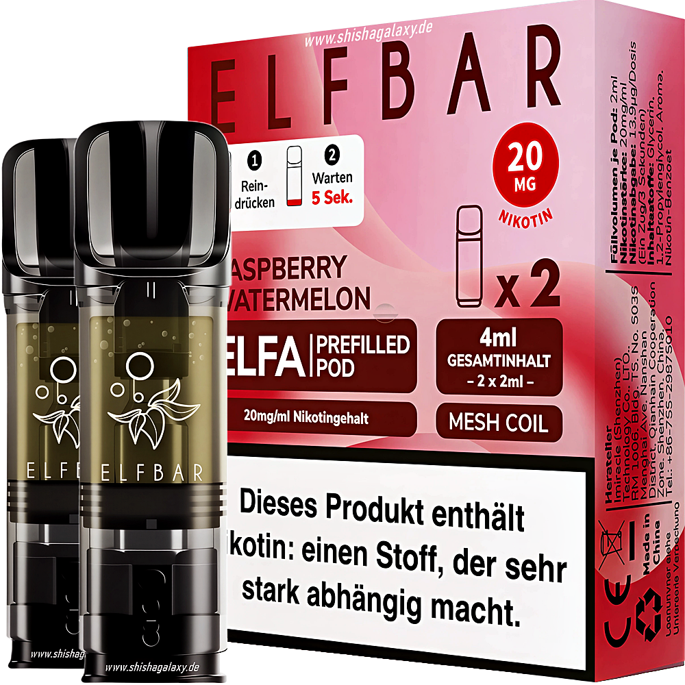 Elfbar Elfbar - ELFA - Raspberry Watermelon - Liquid Pod - 2 ml - Nikotin 20 mg - 2er Pack (4ml) Elfbar Elfbar - ELFA - Raspberry Watermelon - Liquid Pod - 2 ml - Nikotin 20 mg - 2er Pack (4ml)