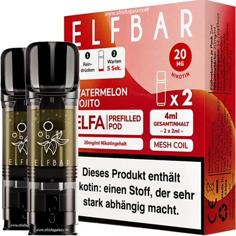 Elfbar Elfbar - ELFA - Watermelon Mojito - Liquid Pod - 2 ml - Nikotin 20 mg - 2er Pack (4ml)