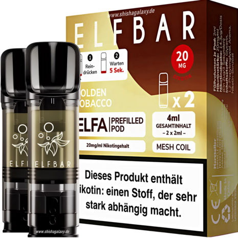 Elfbar Elfbar - ELFA - Golden Tobacco - Liquid Pod - 2 ml - Nikotin 20 mg - 2er Pack (4ml)