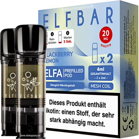 Elfbar Elfbar - ELFA - Blackberry Lemon - Liquid Pod - 2 ml - Nikotin 20 mg - 2er Pack (4ml) Elfbar Elfbar - ELFA - Blackberry Lemon - Liquid Pod - 2 ml - Nikotin 20 mg - 2er Pack (4ml)