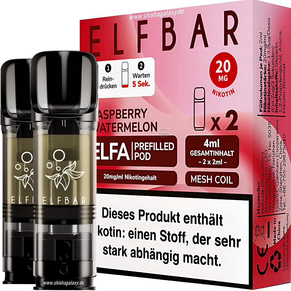 Elfbar Elfbar - ELFA - Raspberry Watermelon - Liquid Pod - 2 ml - Nikotin 20 mg - 2er Pack (4ml) Elfbar Elfbar - ELFA - Raspberry Watermelon - Liquid Pod - 2 ml - Nikotin 20 mg - 2er Pack (4ml)