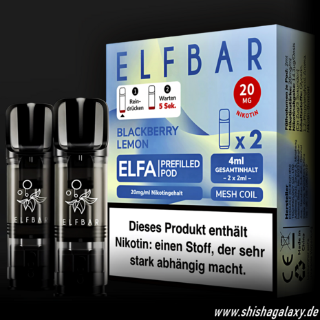 Elfbar Elfbar - ELFA - Blackberry Lemon - Liquid Pod - 2 ml - Nikotin 20 mg - 2er Pack (4ml) Elfbar Elfbar - ELFA - Blackberry Lemon - Liquid Pod - 2 ml - Nikotin 20 mg - 2er Pack (4ml)