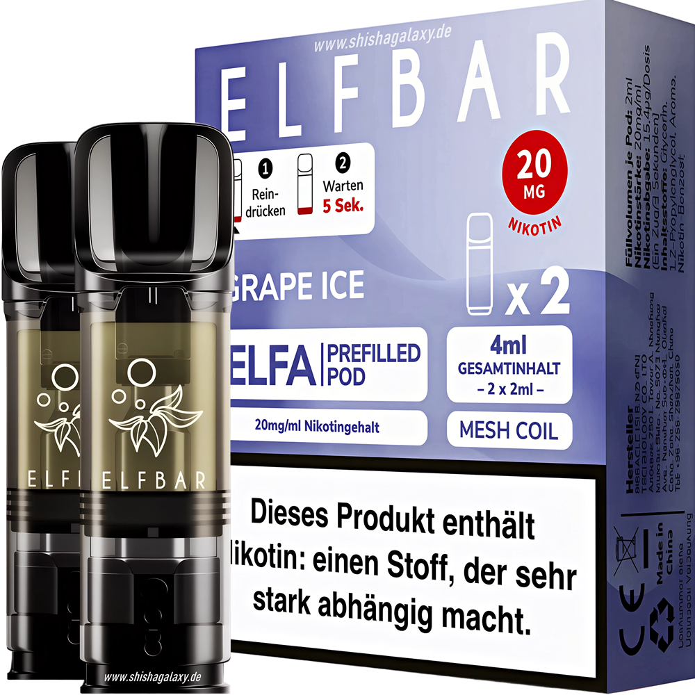 Elfbar - ELFA - Grape Ice - Liquid Pod - Nikotin 20 mg - 2er Pack - Shisha  Galaxy