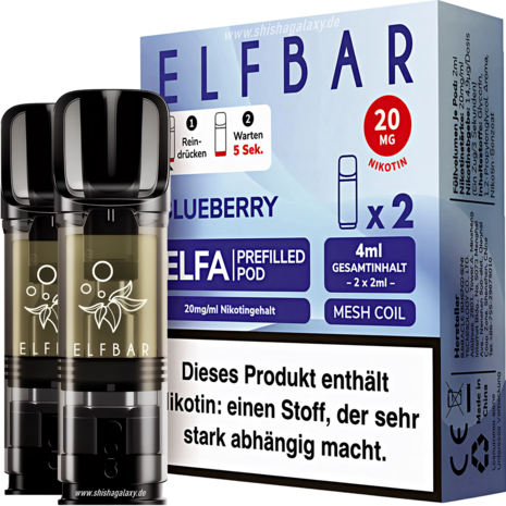 Elfbar Elfbar - ELFA - Blueberry - Liquid Pod - 2 ml - Nikotin 20 mg - 2er Pack (4ml) Elfbar Elfbar - ELFA - Blueberry - Liquid Pod - 2 ml - Nikotin 20 mg - 2er Pack (4ml)