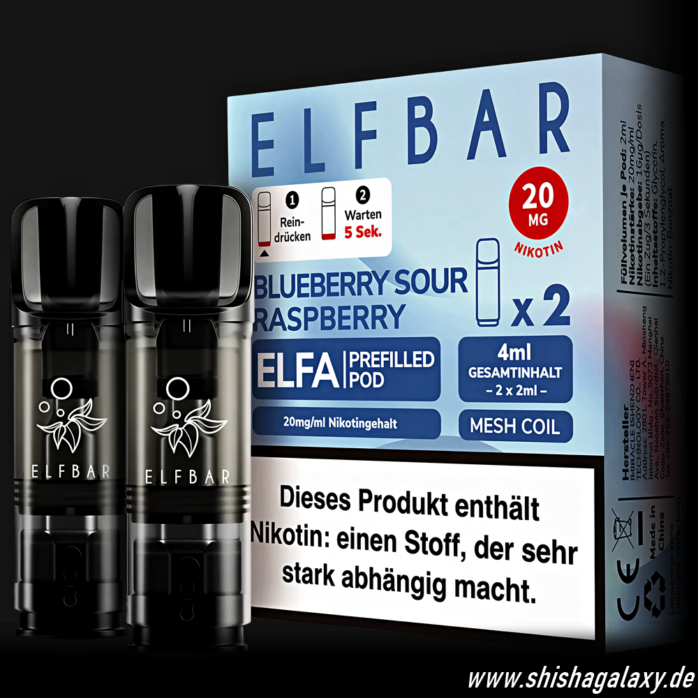 Elfbar Elfbar - ELFA - Blueberry Sour Raspberry - Liquid Pod - 2 ml - Nikotin 20 mg - 10er Pack (5 x 2er Pack) Elfbar Elfbar - ELFA - Blueberry Sour Raspberry - Liquid Pod - 2 ml - Nikotin 20 mg - 10er Pack (5 x 2er Pack)