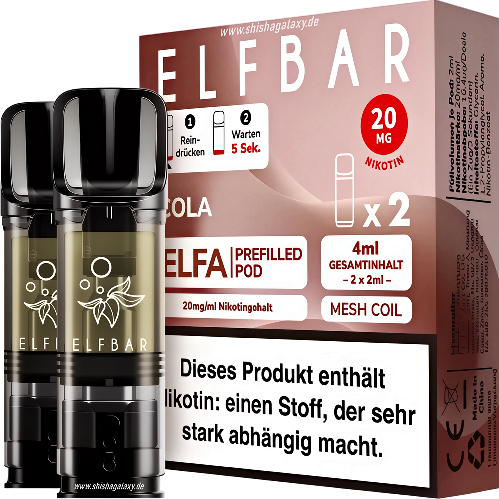 Elfbar Elfbar - ELFA - Cola - Liquid Pod - 2 ml - Nikotin 20 mg - 10er Pack (5x2er Pack) Elfbar Elfbar - ELFA - Cola - Liquid Pod - 2 ml - Nikotin 20 mg - 10er Pack (5x2er Pack)