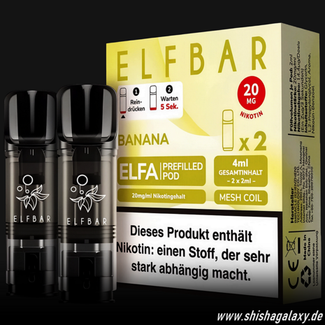Elfbar Elfbar - ELFA - Banana - Liquid Pod - 2 ml - Nikotin 20 mg - 10er Pack (5x2er Pack) Elfbar Elfbar - ELFA - Banana - Liquid Pod - 2 ml - Nikotin 20 mg - 10er Pack (5x2er Pack)