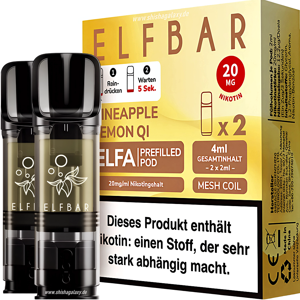 Elfbar Elfbar - ELFA - Pineapple Lemon Qi - Liquid Pod - 2 ml - Nikotin 20 mg - 10er Pack (5x2er Pack) Elfbar Elfbar - ELFA - Pineapple Lemon Qi - Liquid Pod - 2 ml - Nikotin 20 mg - 10er Pack (5x2er Pack)