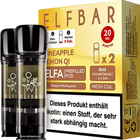 Elfbar Elfbar - ELFA - Pineapple Lemon Qi - Liquid Pod - 2 ml - Nikotin 20 mg - 10er Pack (5x2er Pack) Elfbar Elfbar - ELFA - Pineapple Lemon Qi - Liquid Pod - 2 ml - Nikotin 20 mg - 10er Pack (5x2er Pack)