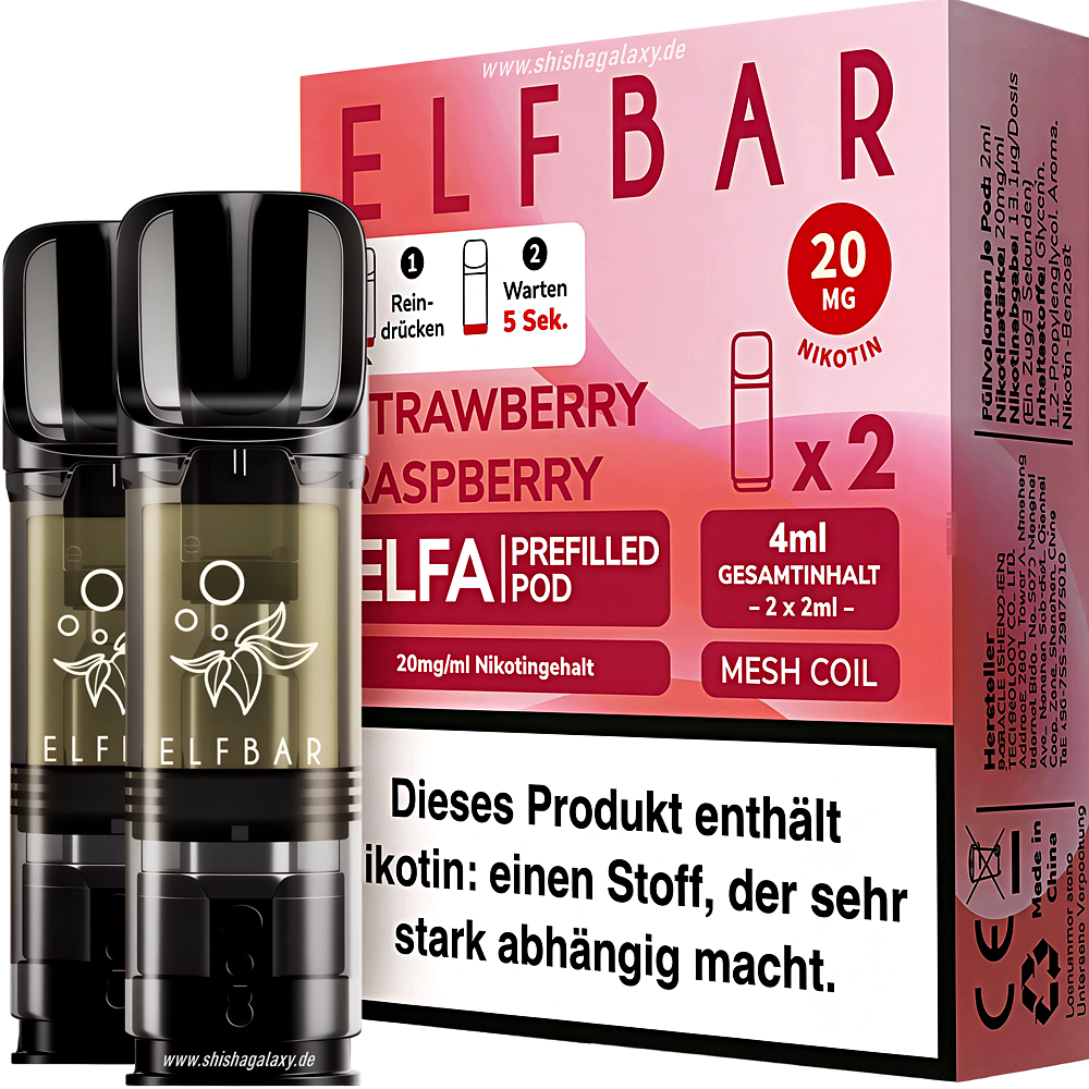 Elfbar Elfbar - ELFA - Strawberry Raspberry - Liquid Pod - 2 ml - Nikotin 20 mg - 10er Pack (5x2er Pack)