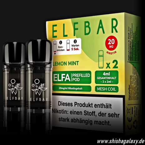 Elfbar Elfbar - ELFA - Lemon Mint - Liquid Pod - 2 ml - Nikotin 20 mg - 10er Pack (5x2er Pack) Elfbar Elfbar - ELFA - Lemon Mint - Liquid Pod - 2 ml - Nikotin 20 mg - 10er Pack (5x2er Pack)