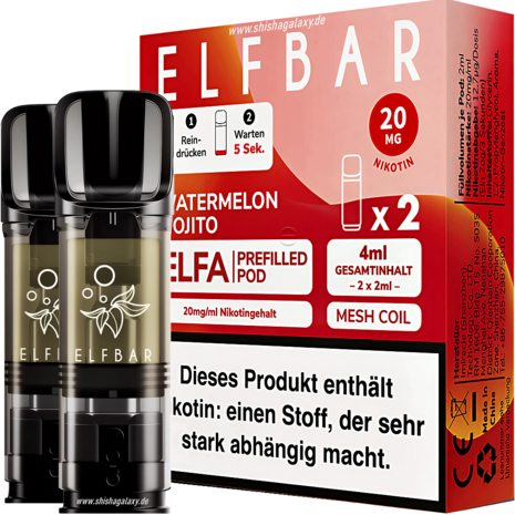 Elfbar Elfbar - ELFA -  Watermelon Mojito - Liquid Pod - 2 ml - Nikotin 20 mg - 10er Pack (5x2er Pack)