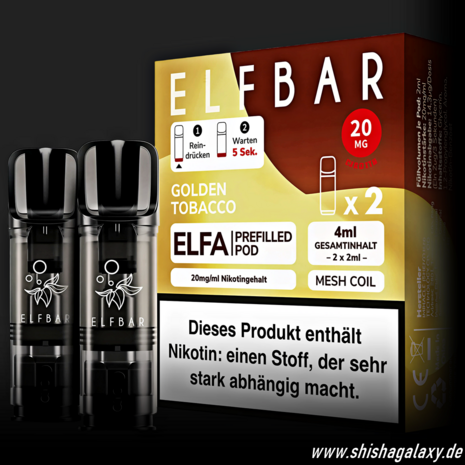 Elfbar Elfbar - ELFA - Golden Tobacco - Liquid Pod - 2 ml - Nikotin 20 mg - 10er Pack (5x2er Pack) Elfbar Elfbar - ELFA - Golden Tobacco - Liquid Pod - 2 ml - Nikotin 20 mg - 10er Pack (5x2er Pack)