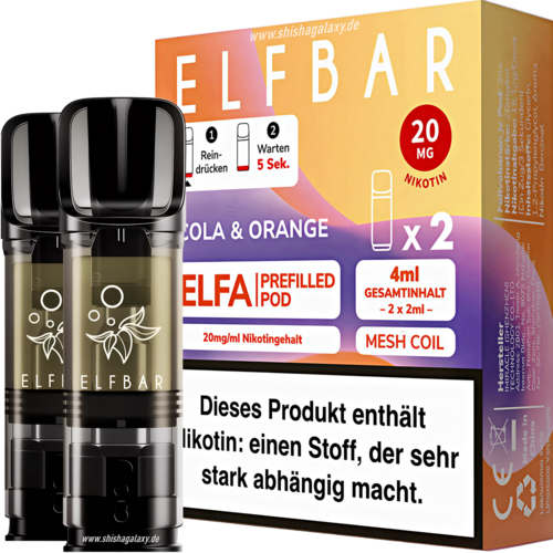 Elfbar Elfbar - ELFA - Cola & Orange - Liquid Pod - 2 ml - Nikotin 20 mg - 10er Pack (5x2er Pack) Elfbar Elfbar - ELFA - Cola & Orange - Liquid Pod - 2 ml - Nikotin 20 mg - 10er Pack (5x2er Pack)