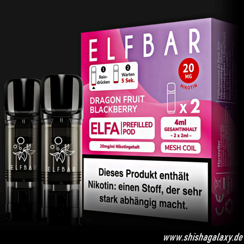 Elfbar Elfbar - ELFA - Dragon Fruit Blackberry - Liquid Pod - 2 ml - Nikotin 20 mg - 10er Pack (5x2er Pack) Elfbar Elfbar - ELFA - Dragon Fruit Blackberry - Liquid Pod - 2 ml - Nikotin 20 mg - 10er Pack (5x2er Pack)