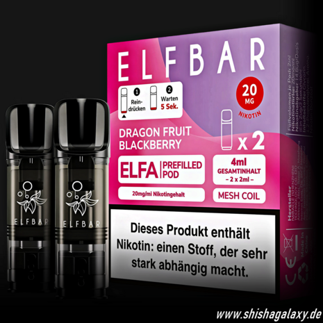Elfbar Elfbar - ELFA - Dragon Fruit Blackberry - Liquid Pod - 2 ml - Nikotin 20 mg - 10er Pack (5x2er Pack)