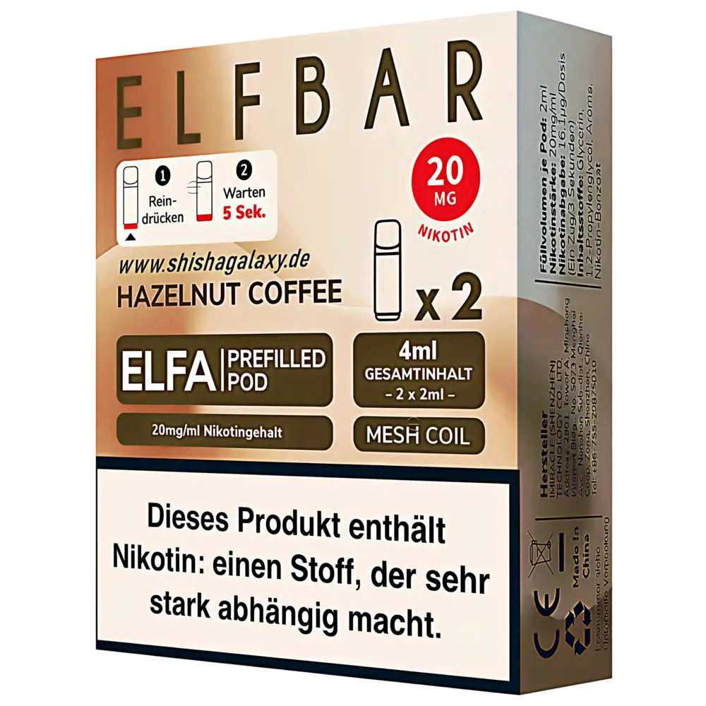 Elfbar Elfbar - ELFA - Hazelnut Coffee - Liquid Pod - 2 ml - Nikotin 20 mg - 2er Pack (4ml)