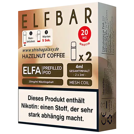Elfbar Elfbar - ELFA - Hazelnut Coffee - Liquid Pod - 2 ml - Nikotin 20 mg - 10er Pack (5x2er Pack)
