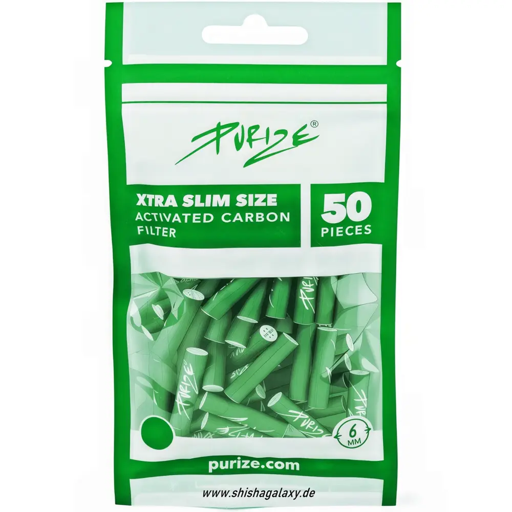 Purize PURIZE® XTRA Slim Aktivkohlefilter Green – Ø 6 mm – 50 Stück – Slim Size Filter für selbstgedrehte Zigaretten