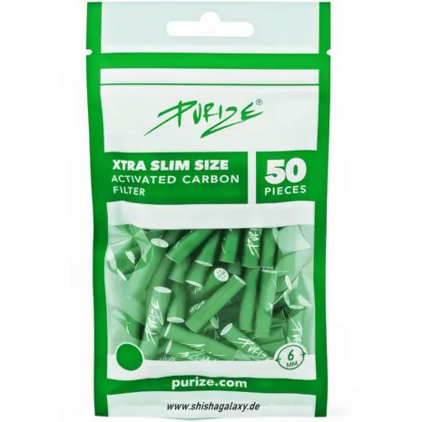 Purize PURIZE® XTRA Slim Aktivkohlefilter Green – Ø 6 mm – 50 Stück – Slim Size Filter für selbstgedrehte Zigaretten