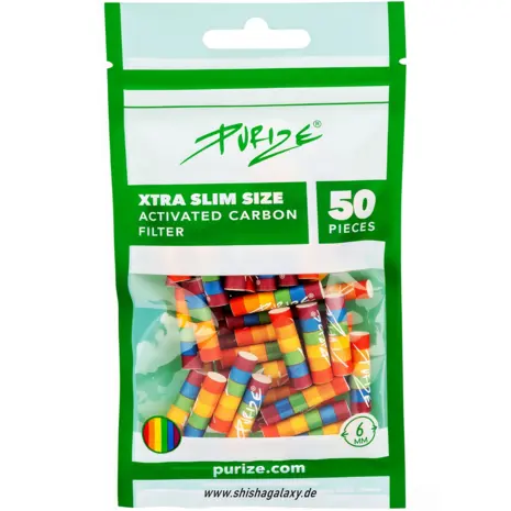 Purize PURIZE® XTRA Slim Aktivkohlefilter Bunt – Ø 6 mm – 50 Stück – Slim Size Filter für selbstgedrehte Zigaretten