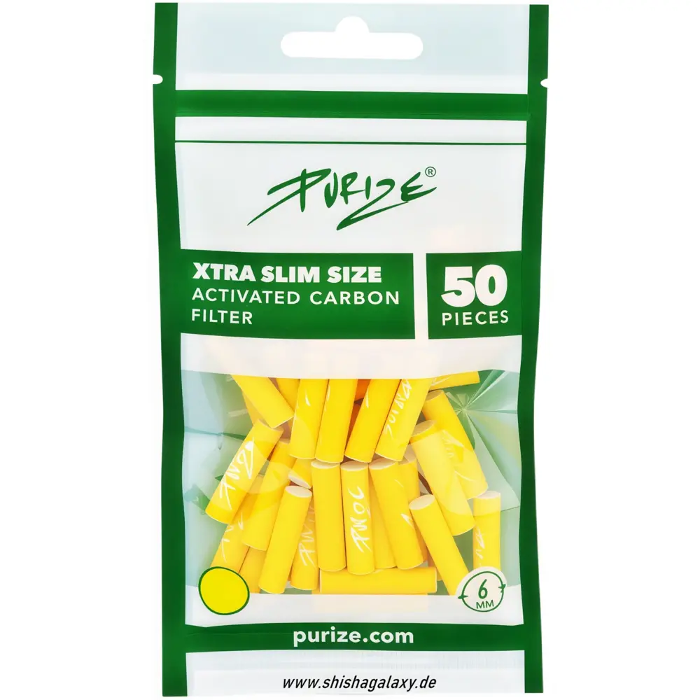 Purize PURIZE® XTRA Slim Aktivkohlefilter Yellow – Ø 6 mm – 50 Stück – Slim Size Filter für selbstgedrehte Zigaretten