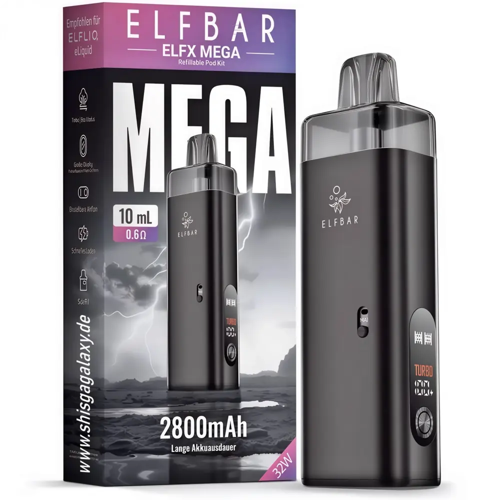 Elfbar Elfbar ELFX MEGA Pod Kit – 2800 mAh E-Zigarette – Black – inkl. 10ml Refillable Pod Elfbar Elfbar ELFX MEGA Pod Kit – 2800 mAh E-Zigarette – Black – inkl. 10ml Refillable Pod