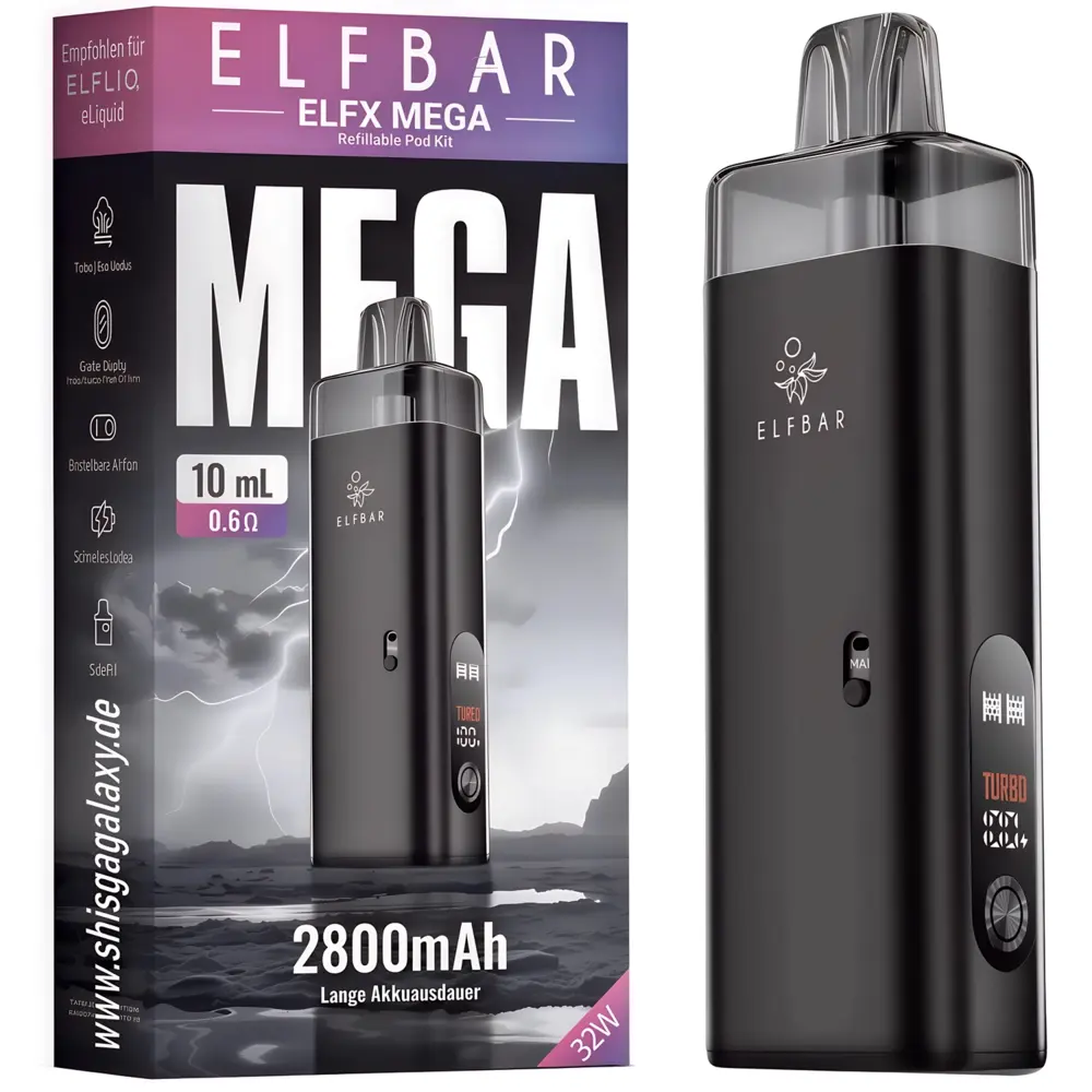 Elfbar Elfbar ELFX MEGA Pod Kit – 2800 mAh E-Zigarette – Black – inkl. 10ml Refillable Pod Elfbar Elfbar ELFX MEGA Pod Kit – 2800 mAh E-Zigarette – Black – inkl. 10ml Refillable Pod