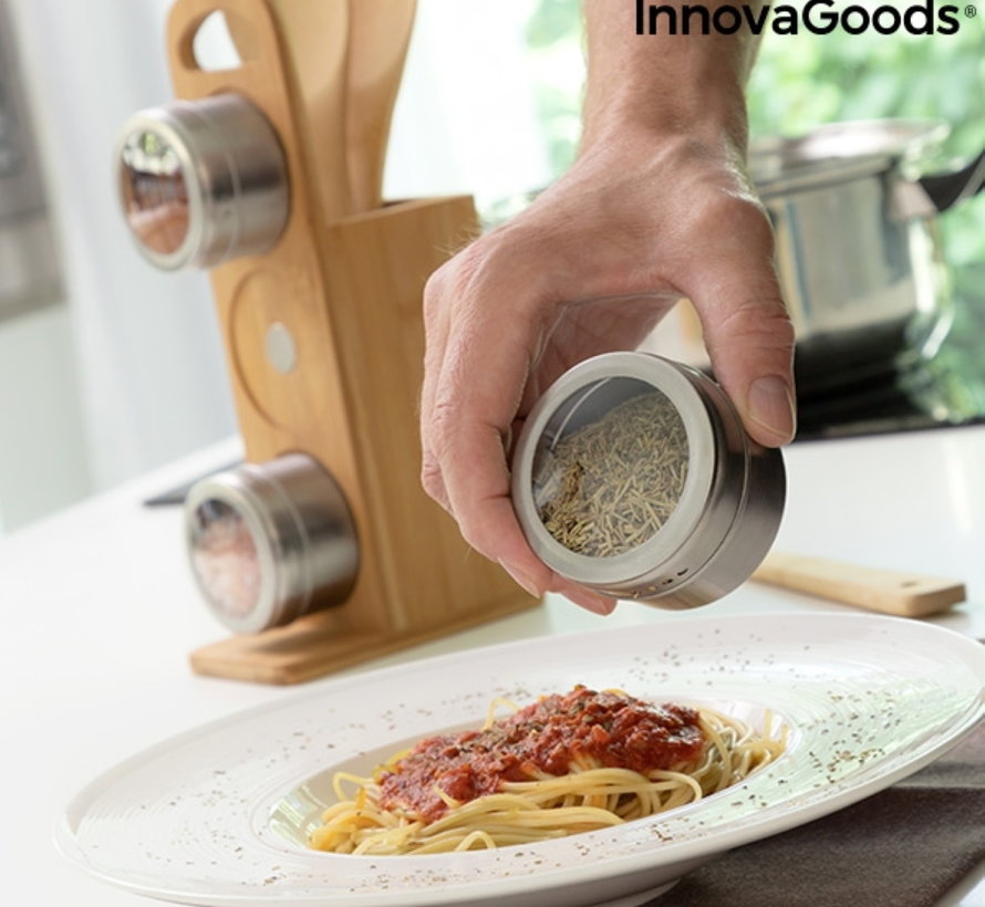 Magnetic spice rack with bamboo kitchen utensils - 7 pieces