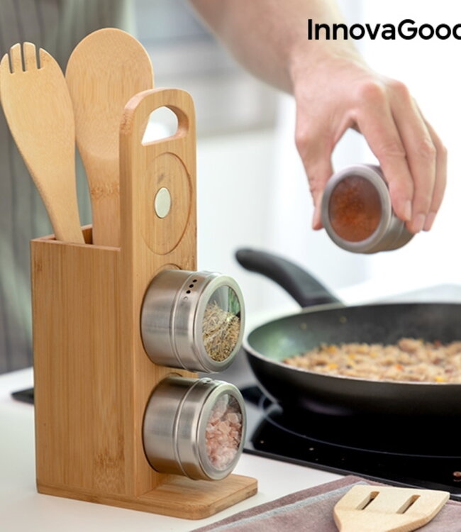 Magnetic spice rack with bamboo kitchen utensils - 7 pieces