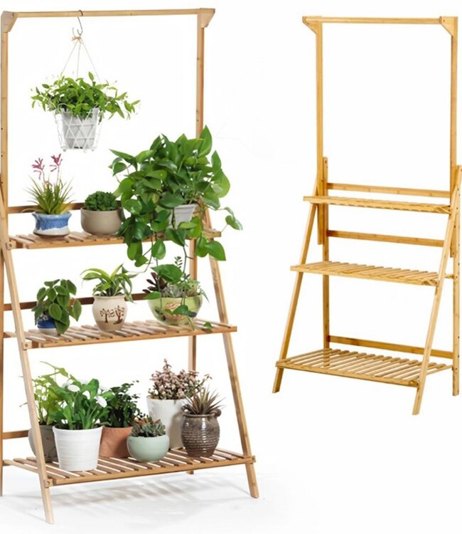 Plant rack with 3 shelves - hanging rail - Water resistant - Bamboo