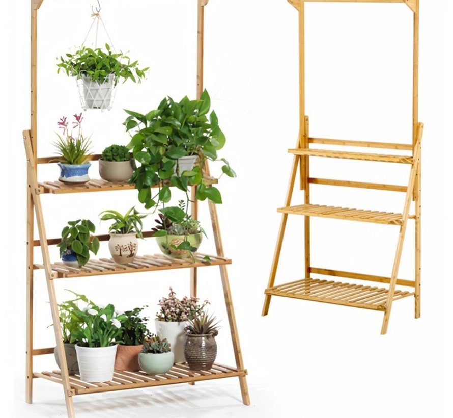 Plant rack with 3 shelves + hanging rail - Water resistant - Bamboo