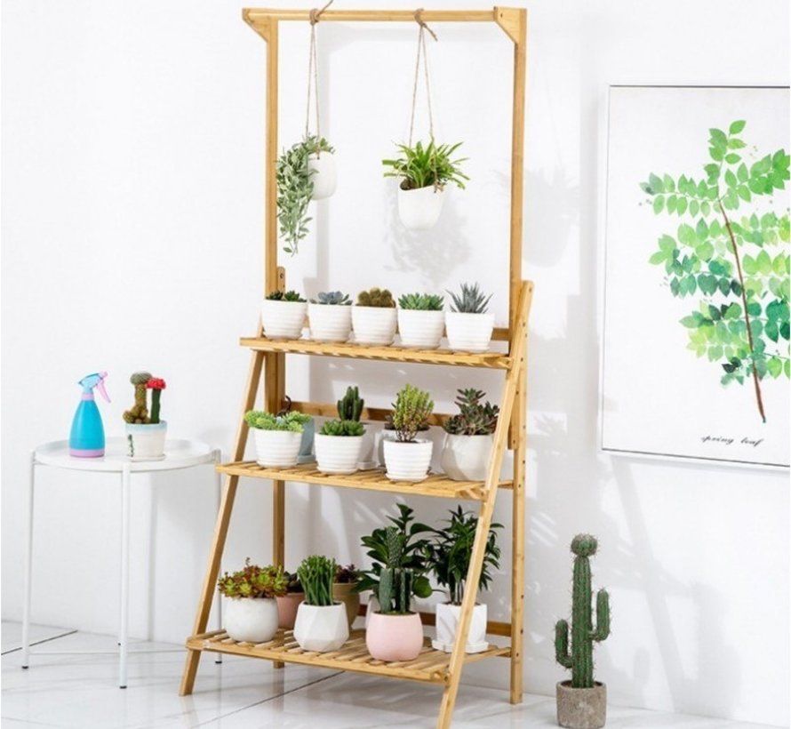 Plant rack with 3 shelves + hanging rail - Water resistant - Bamboo
