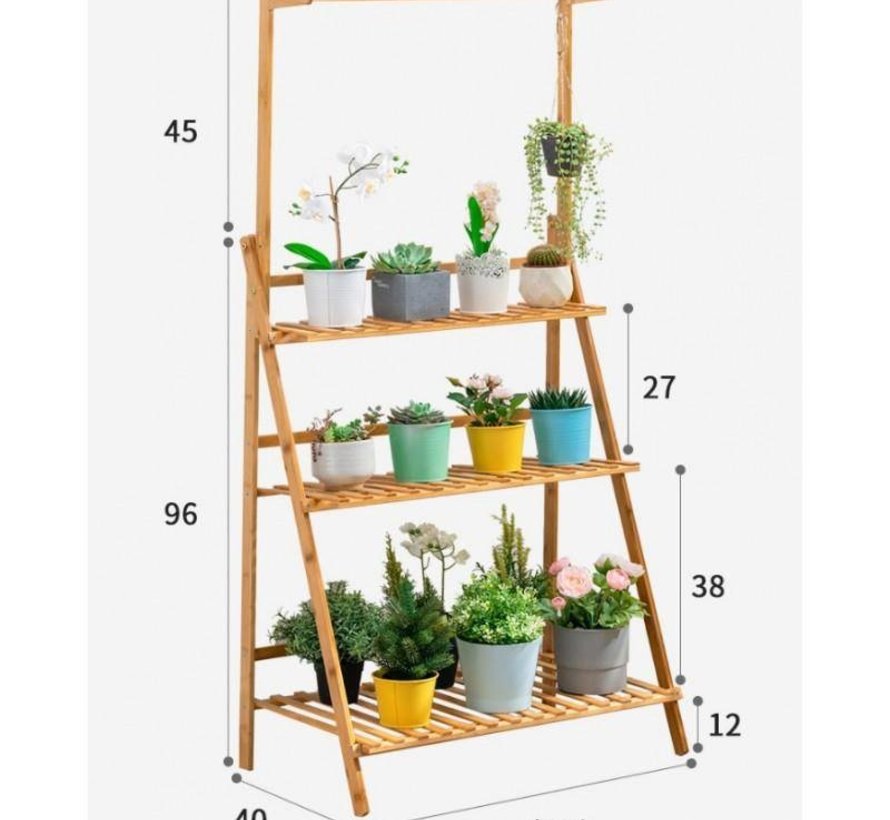 Plant rack with 3 shelves + hanging rail - Water resistant - Bamboo