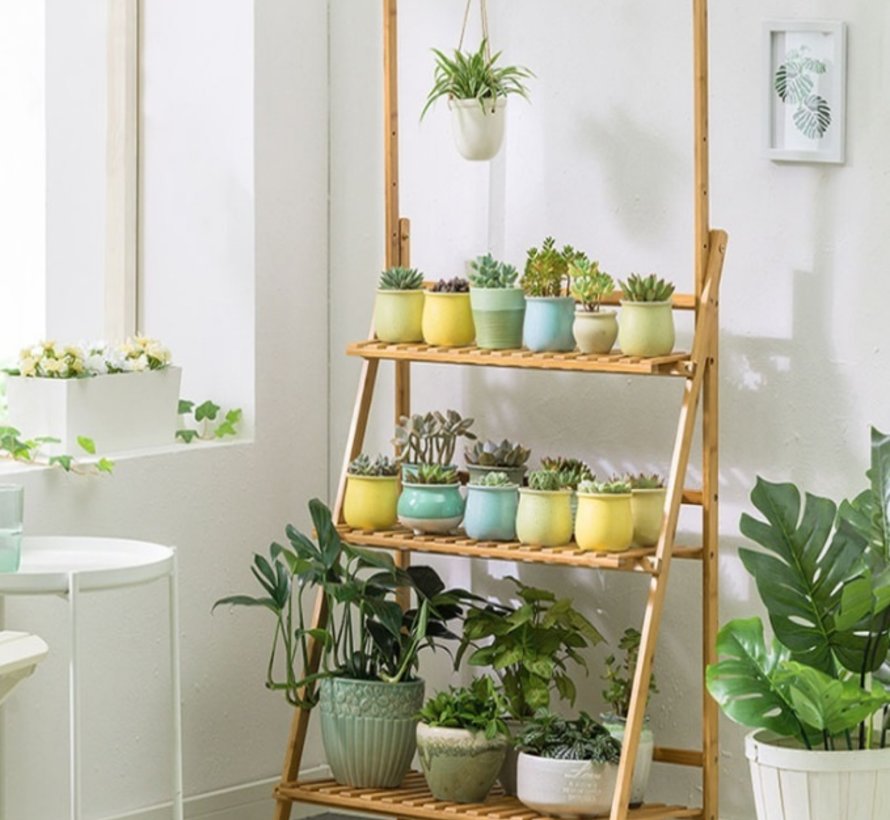 Plant rack with 3 shelves - hanging rail - Water resistant - Bamboo