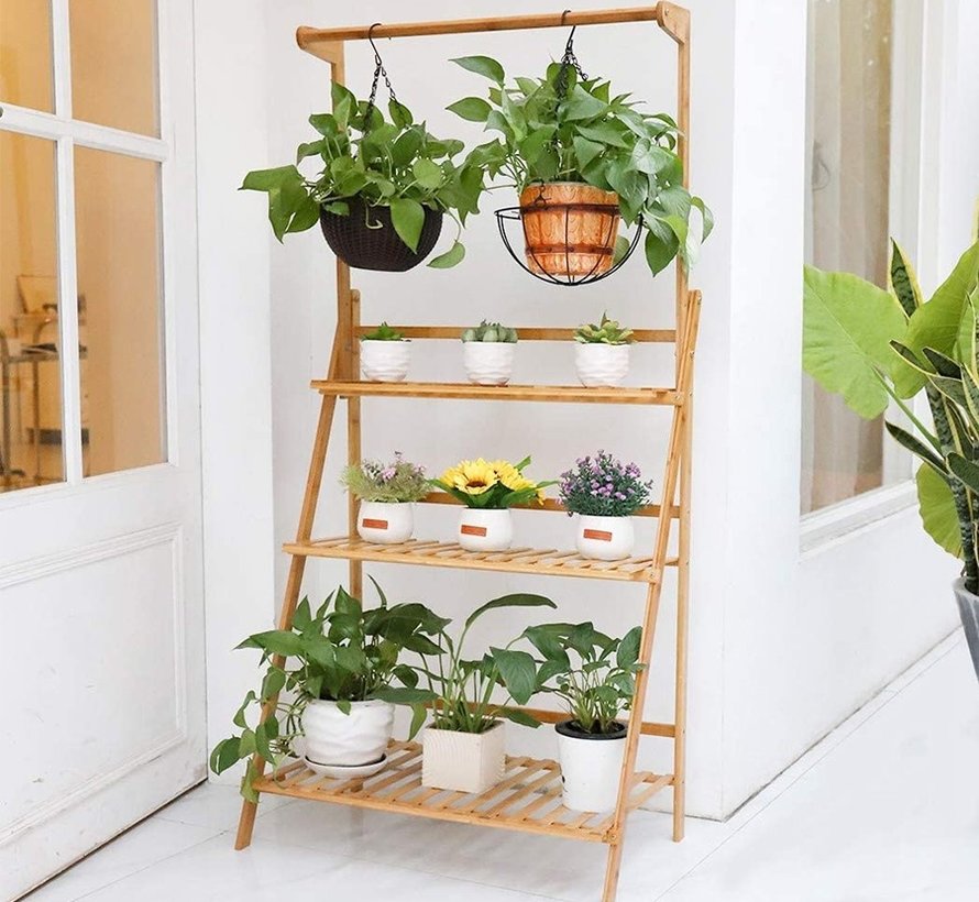 Plant rack with 3 shelves + hanging rail - Water resistant - Bamboo