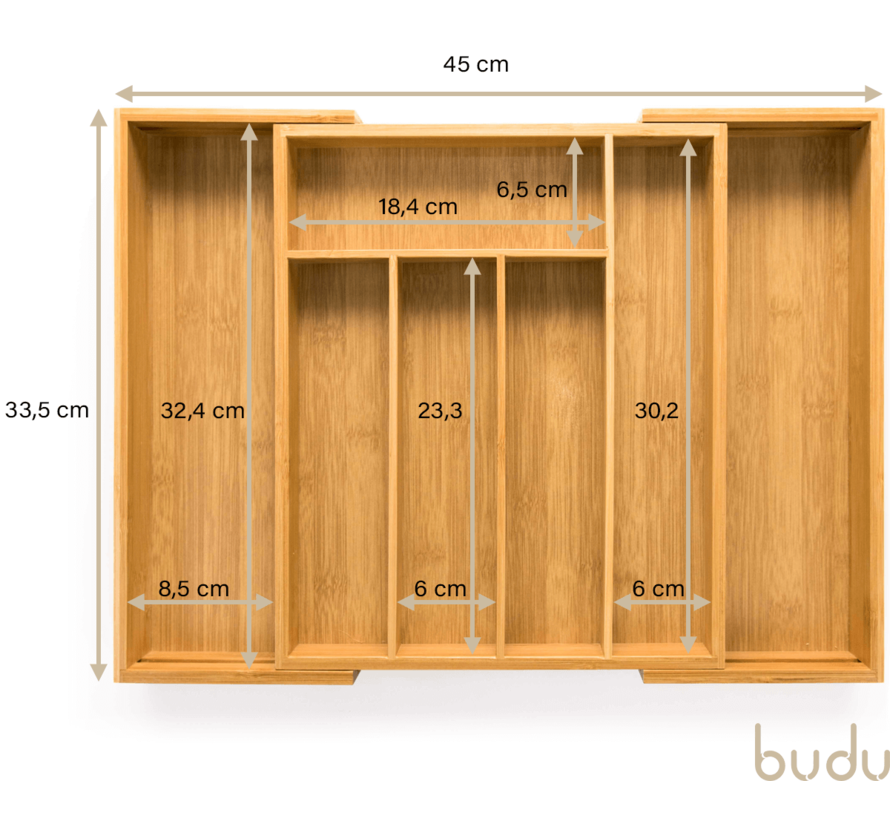 Budu Bestekbak uitschuifbaar - Verlengbaar van 28 tot 45 cm - Waterbestendig  - Organizer - Bamboe - 33 cm