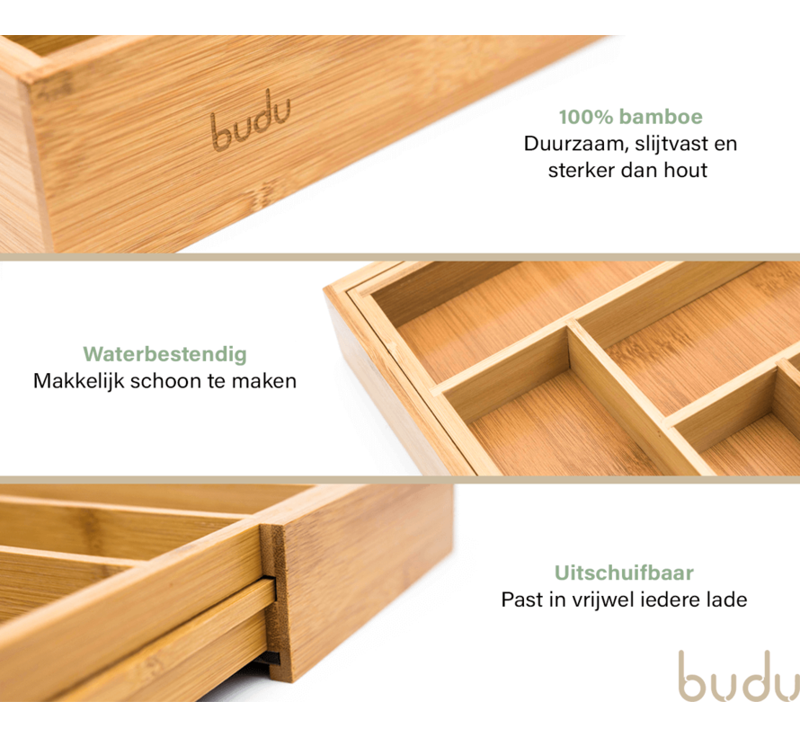 Budu Cutlery tray extendable - Extendable from 30 to 50 cm - Water resistant - Organizer - Bamboo - 47 cm