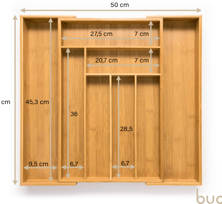 Budu Boîte à couverts extensible de 30 à 50 cm - Résistant à l'eau - Organisateur - Bambou  - 47 cm
