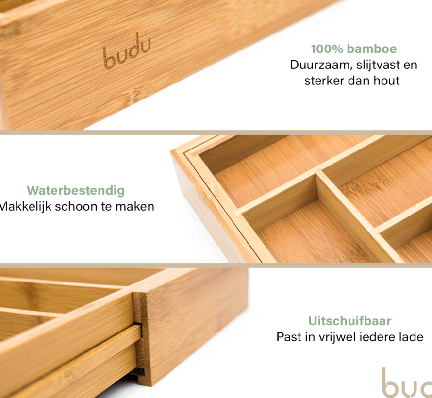 Budu Cutlery tray extendable - Extendable from 30 to 50 cm - Water resistant - Organizer - Bamboo - 50 cm