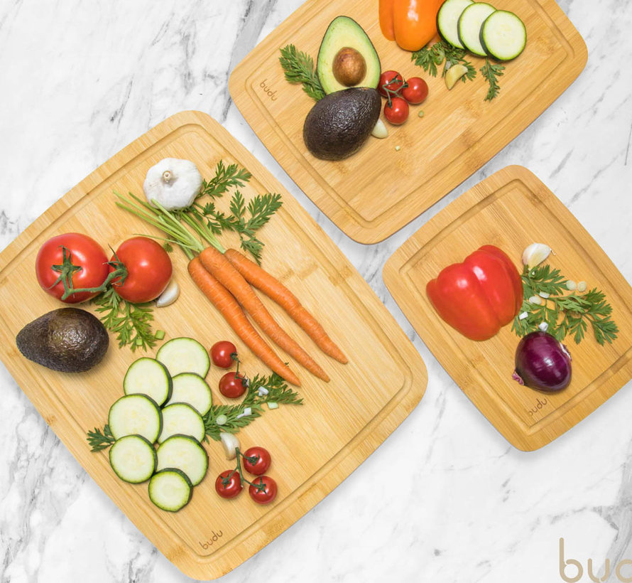 Jeu de 3 planches à découper en bambou - munies d'un bord à jus - résistantes à l'usure - Budu