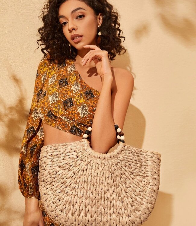 Modern Wicker Handbag with Beads - XL - PE-Florence - Beach Bag - Camel