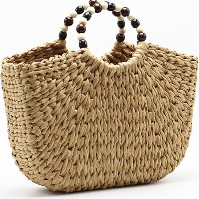 Moderne  Rieten Handtas met kraaltjes  - XL - PE-Florence - Strandtas - Camel